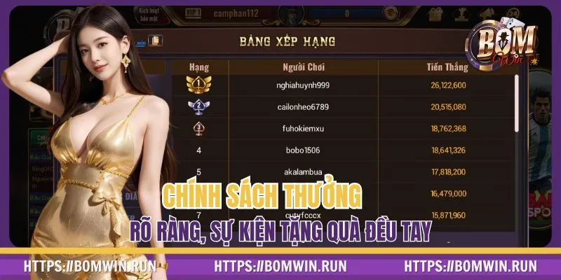 Chính sách chi trả thưởng được BOMWIN công khai rõ ràng